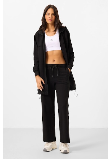 Siyah Dik Yaka Fermuarlı Pamuklu Kadın Eşofman Tunik Takım - 95346 Siyah