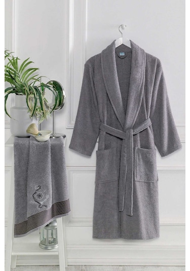 4 Parça Aile Bornoz Seti Kadın Erkek Havlulu Bornoz Takımı Pembe Gri 001