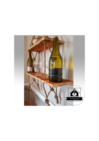 Raf - Walnut Masif Duvar Rafı - Jüt Raf - Kitaplık - Çiçeklik