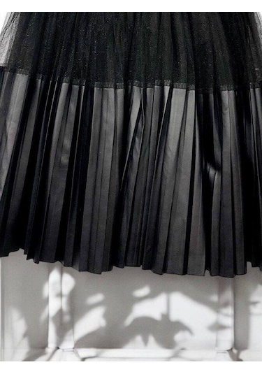 Kız Çocuk Piliseli Deri Tüllü Etek-14835 Siyah