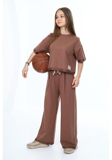 Kız Çocuk %100 Pamuk Oversize Yarım Kol Alt-üst Eşofman Takım-eşt-0012 Kahve