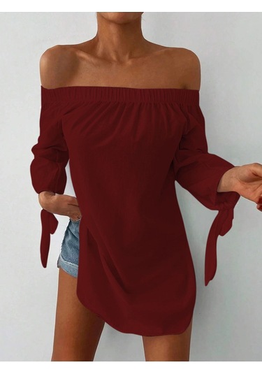 Kadın Madonna Yaka Kol Detaylı Bordo Elbise Bordo