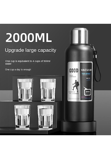 Paslanmaz Çelik Vakum Yalıtımlı, Taşınabilir Büyük Kapasiteli Termos 1 L Siyah
