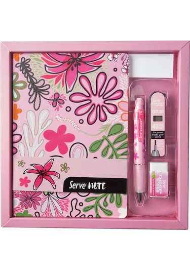 Serve Set - Defter, Serve Deep Uclu Kalem, Silgi Şeker Pembe