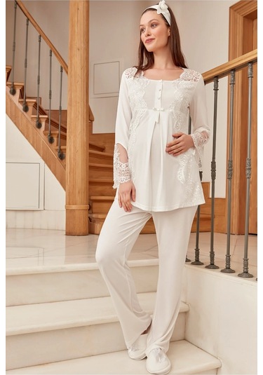 By Mecit 5015 Ekru Lohusa Pijama Takımı