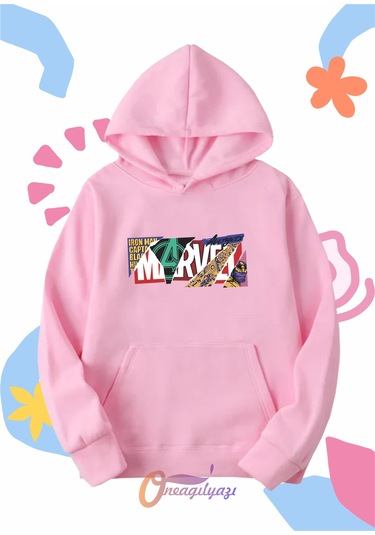 Çocuk Unisex Marvel Baskılı Oversize Kapüşönlü Sweatshirt Pembe