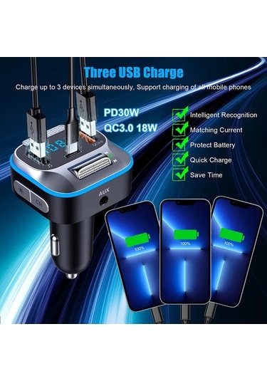 Honeybeeshop Standart Araba Kablosuz Verici 30w Pd Qc3 0 18w Guc Bas Ses Hi Fi Aux Usb Led 7 Renk