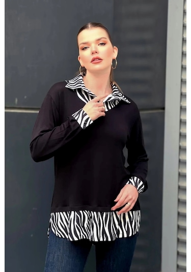 Zebra Desen Gömlekli Bluz Siyah