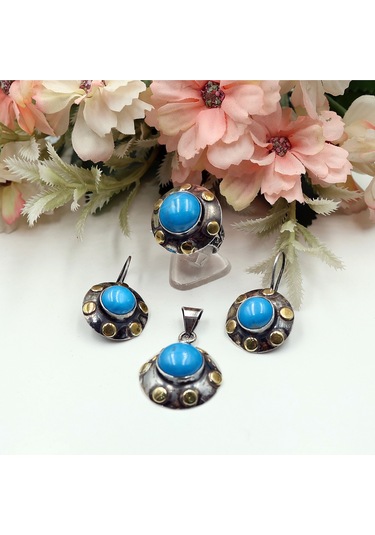 Firuze Taşlı Otantik Set Rose Gold - Gümüş