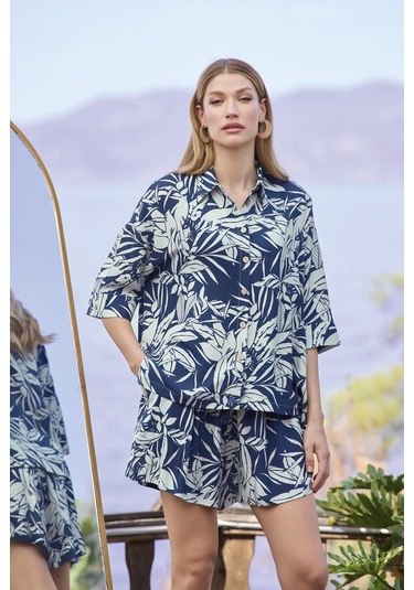 Monamise Kadın Yaprak Desenli Önü Düğmeli Gömlek Yaka Alt Üst Takım 25015 Lacivert