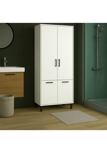 Çift Çamaşır Sepetli Banyo Dolabı Beyaz