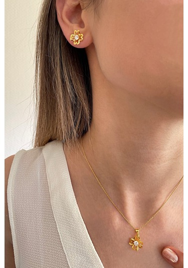 18k Altın Kaplamalı 925 Ayar Gümüş Çiçek Set - 67017902 Altın