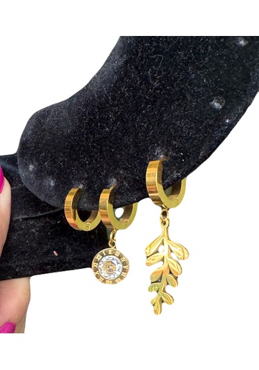 Üçlü Yapraklı Taşlı Gold Çelik Küpe