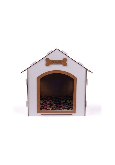 Ahşap Özel İsim Baskılı Dekoratif Köpek Evi-kulübesi, Küçük Irk Köpekler İçin Kulübe, Köpek Kulübesi Beyaz-kahverengi