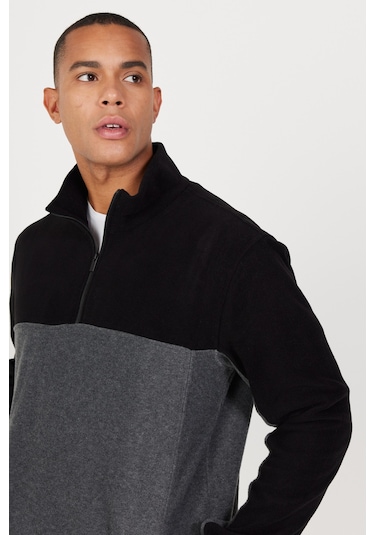 AC&Co / Altınyıldız Classics Erkek Sıyah A.melanj Anti-pilling Tüylenme Yapmayan Standart Fit Dik Yaka İçi Polarlı Çift Renk Polar Sweatshirt Antrasit Melanj - Siyah