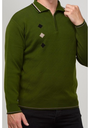 Kamalı Erkek Çelik Örgü Intarsia Gofra Desen Fermuarlı Polo Yaka Tüylenmez Premium Triko Kışlık Baba Kazak Haki