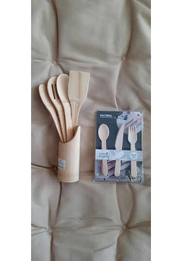 Kamp Piknik Seti Ahşap Servis Seti Ve Çatal Kaşık Bıçak Takımı Açık Kahverengi