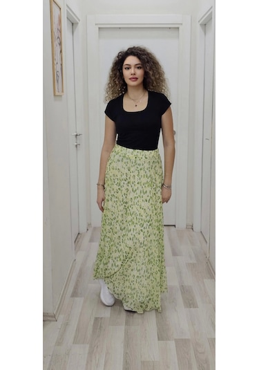 Bel Lastikli Kloş Şifon Etek 6003-Beyaz - Yeşil
