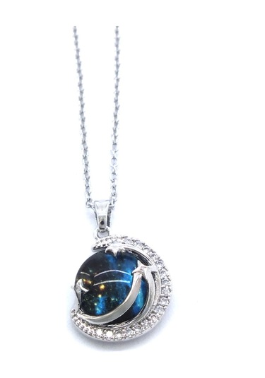 Ferizz 316l Çelik Mavi Sedef Taşlı Ay Kadın Kolye Kly-581 Çelik