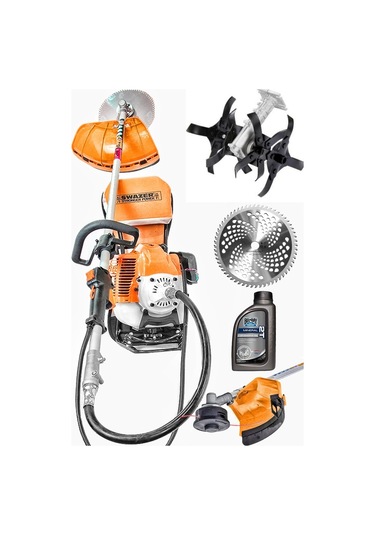 Swazer Sırt Tipi Benzinli Motorlu Tırpan Biçme Makinesi + Çapa Aparatı + Başlık+ 2T Yağ