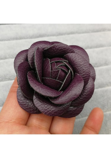 Lüks Siyah Beyaz Kumaş Kamelya Çiçek Broşu Kadın Büyük Gül Purple- Pu 6cm Mor