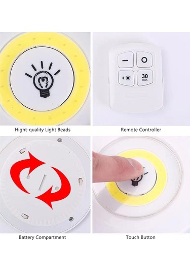 Vkemall Cob Beyaz Işık Led Gece Lambası, Uzaktan Kumanda Ve Dokunmatik Kontrol, Dolap Odalar İçin, Aaa Pil İle Çalışır Piller Dahil Değil , 6 Adet + 1 Kumanda Kutulu Set Beyaz