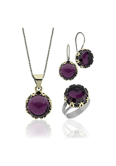 Ametist Taşlı Lale Motifli Yuvarlak Otantik Gümüş Kadın Set Rs10024