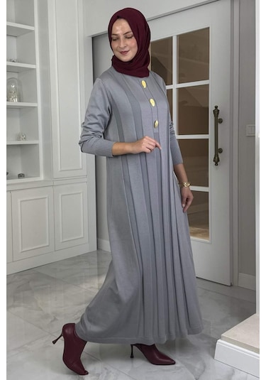 Yaprak Triko Elbise Gri Normal