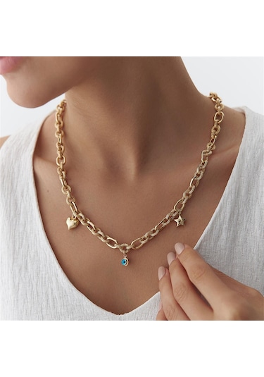 Yıldız Kalp Ve Nazar Charm Altın Kolye