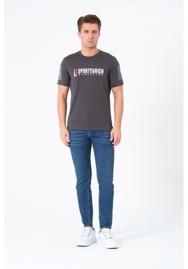 Erkek Bisiklet Yaka Basic Baskılı T-şhirt Gri