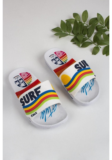 Erkek Çocuk Renkli Dalga Desenli Terlik-5669-beyaz Beyaz