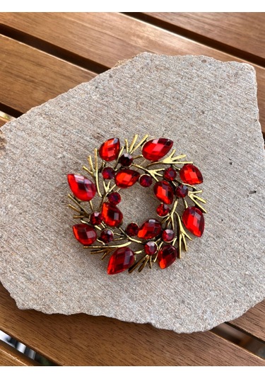 Kırmızı Taşlı Dal Broş Çok Renkli