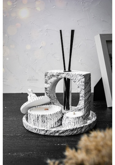 Mermer Desen Tasarım Kokulu Soya Mum, Vazo, Tealightlık, Tepsi Ve 001