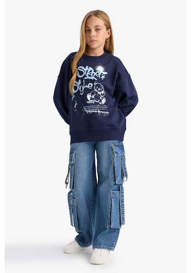 Defacto Kız Çocuk Oversize Geniş Kalıp Bisiklet Yaka Baskılı Sweatshirt E6755a825aunv241 Lacivert