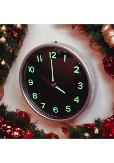 Fosforlu 3d Kabartma Rakam Duvar Saati Siyah Gümüş Renk Çap 28 Cm Gümüş