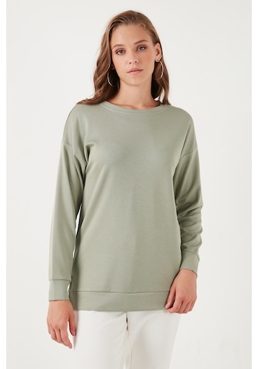 Lela Streç Oversize Fit Bisiklet Yaka Modal Kumaş Bayan Sweat 5865877 Olive