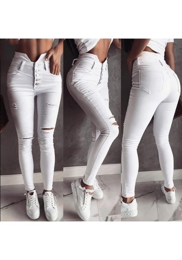 5 Düğmeli V Detay Bel Yırtık Kot Beyaz