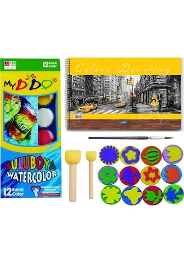 sulu boya baskı seti ponpon fırça 25x35 resim defterli