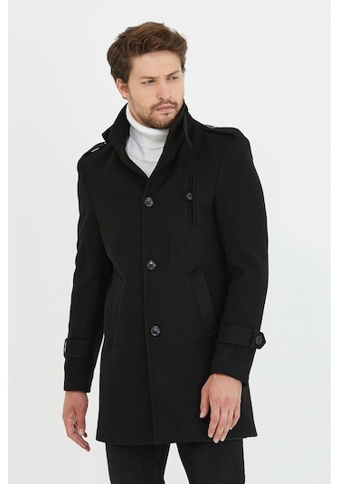 Erkek Siyah Dar Kesim Dik Yaka Uzun Kaşe Kaban-Siyah