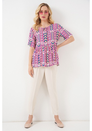 Kadın Desenli Kısa Kol Bluz 969 - Fuşya FUŞYA