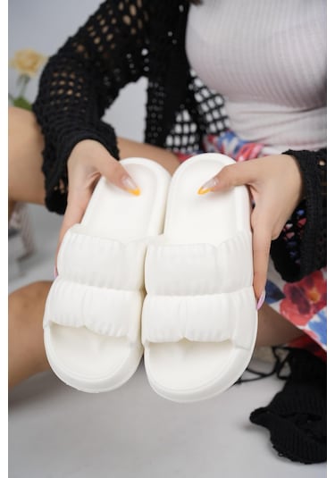 Modafrato Fırfır Kadın Terlik Plaj Deniz Havuz Terliği Beyaz