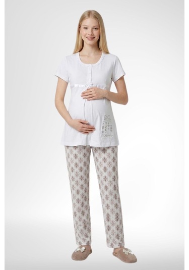 Mecit Pijama Mecit 6350 Ekru Hamile Lohusa Pijama Takımı