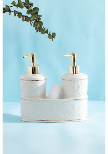Porsima 3116 Gold Kapaklı Porselen Süngerli 2li Sıvı Sabunluk Beyaz 350+350 Ml Altın - Beyaz