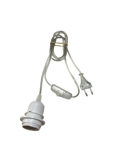 2 Metre Arapuarlı Aç Kapat Anahtar Fişli Abajur Duyu E27 2x0,50 Şeffaf Kablo - Beyaz Duy