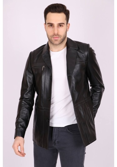 Erkek Siyah Hakiki Deri Yakalı Düğmeli Klasik Casual Mont