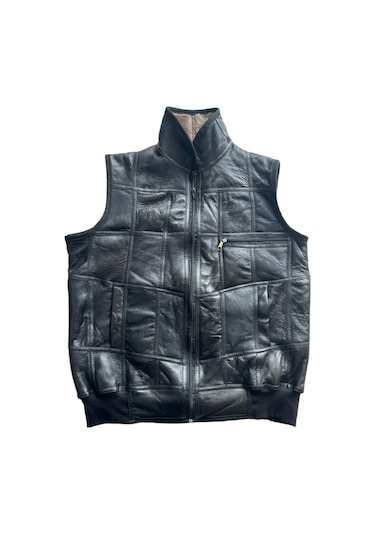 Içi Kürk Hakiki Deri Yakalı Biye Triko Detaylı Siyah-Vizon Yelek