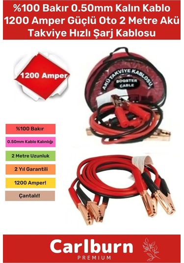 %100 Bakır 0.50mm Kalın Kablo 1200 Amper Güçlü Oto 2 Metre Akü Takviye Hızlı Şarj Kablosu Uyumlu
