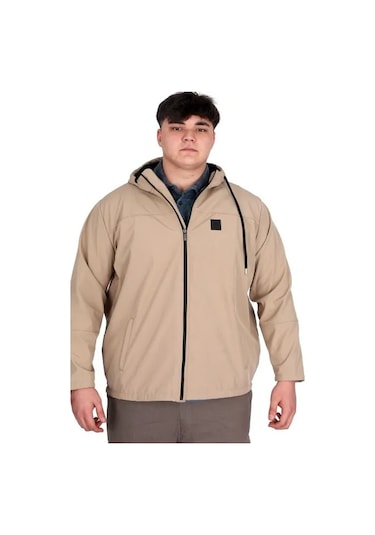 Büyük Beden Erkek Kapüşonlu Mont Waterproof Softshell 21235 Bej Bej