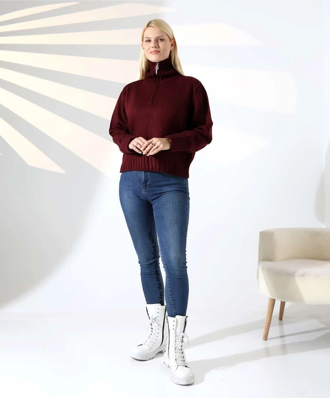 Yüksek Yaka Fermuarlı Triko Kazak Bordo