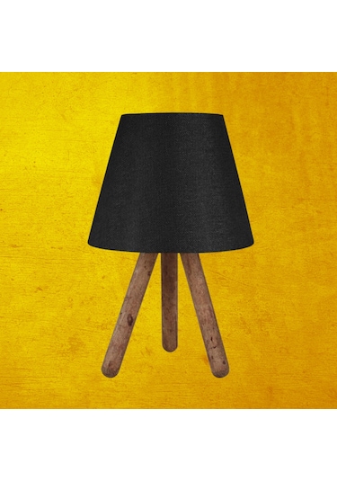 Tasarım Üç Ayaklı Ahşap Abajur Siyah Kumaş Siyah